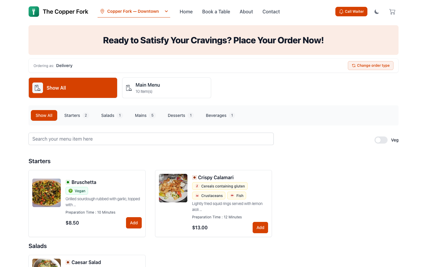 Your ordering site as a guest sees it, with categories, prices, preparation times and allergen labels.