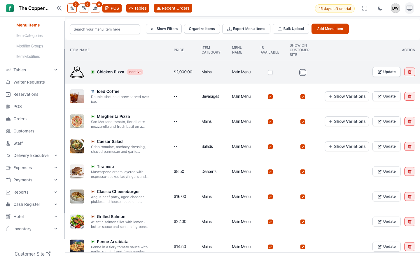 The menu items list. Availability and whether an item shows on your ordering site are both toggled straight from here.