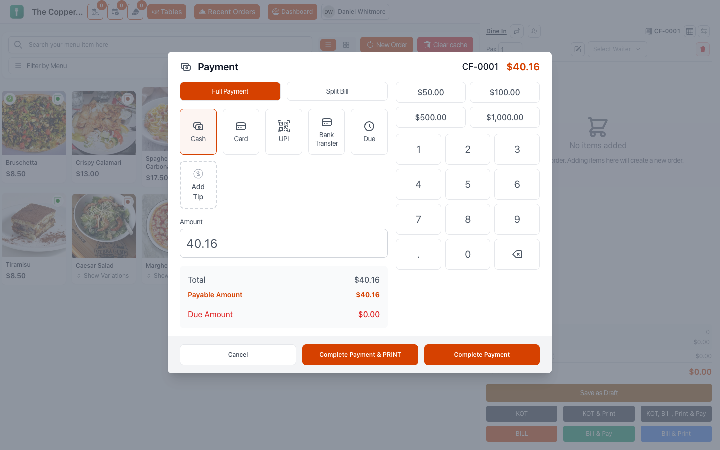 The payment screen: full or split, the payment method, a keypad for the amount tendered, and what is still due.