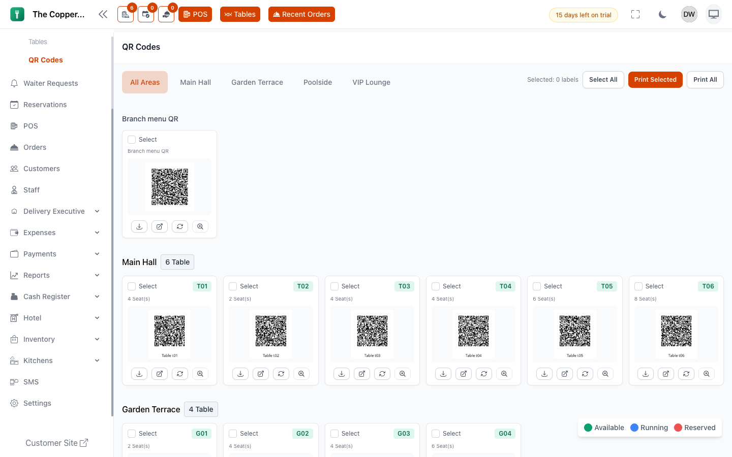 A QR code per table, ready to download and print.
